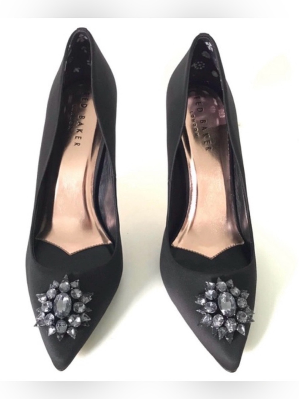 Ted Baker Black Satin Pointed Toe Jewel-Embellished Pumps